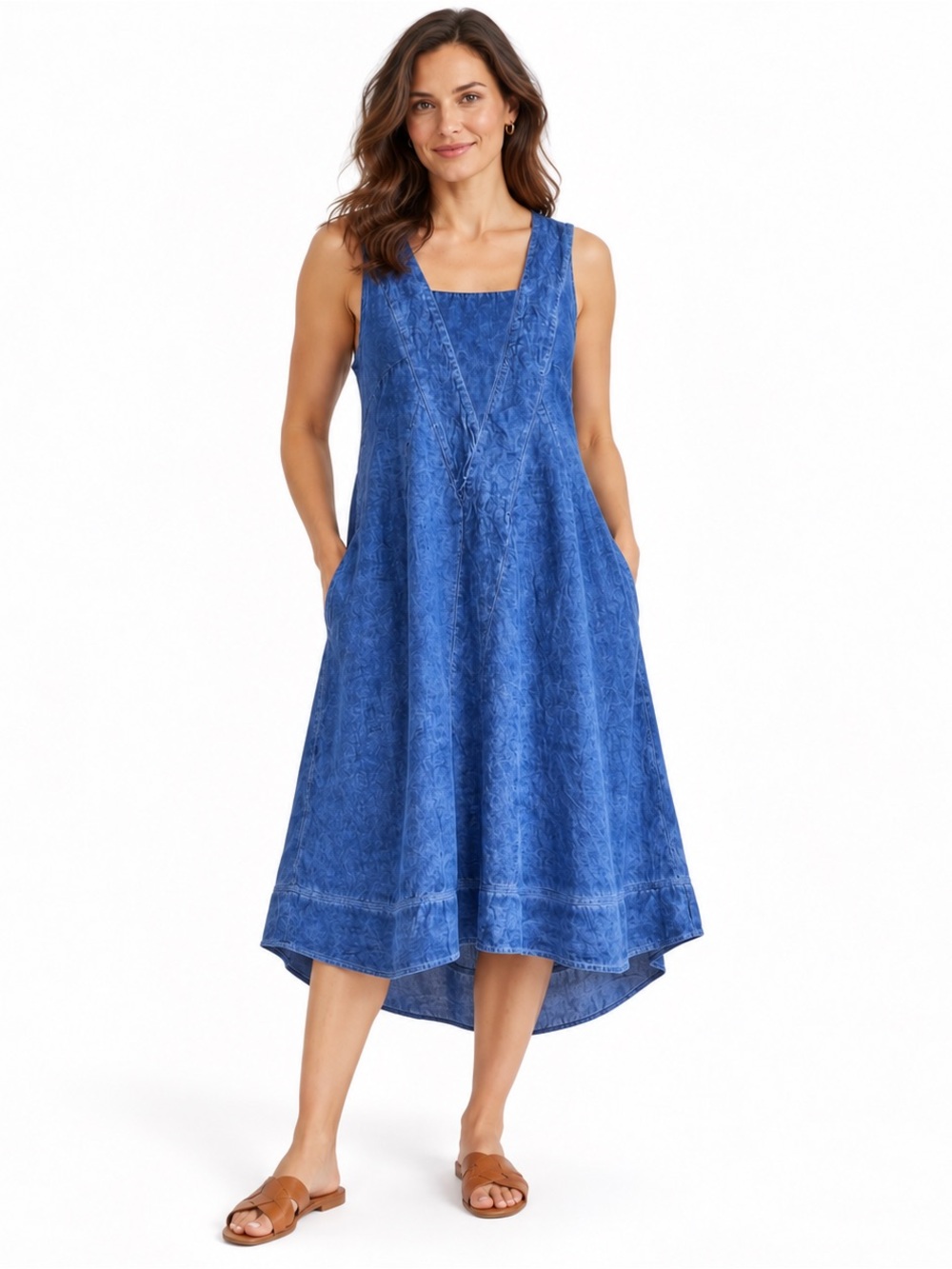Soft Surroundings Dress S Blue Midi Sleeveless Linen Cotton Coastal Resort Boho